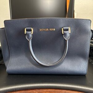 Michael Kors Selma Blue Satchel with Gold Hardware